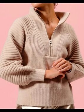 Lily Maes SO ME Zip Ribbed Knit Pullover Sweater with Balloon Sleeves- Size L